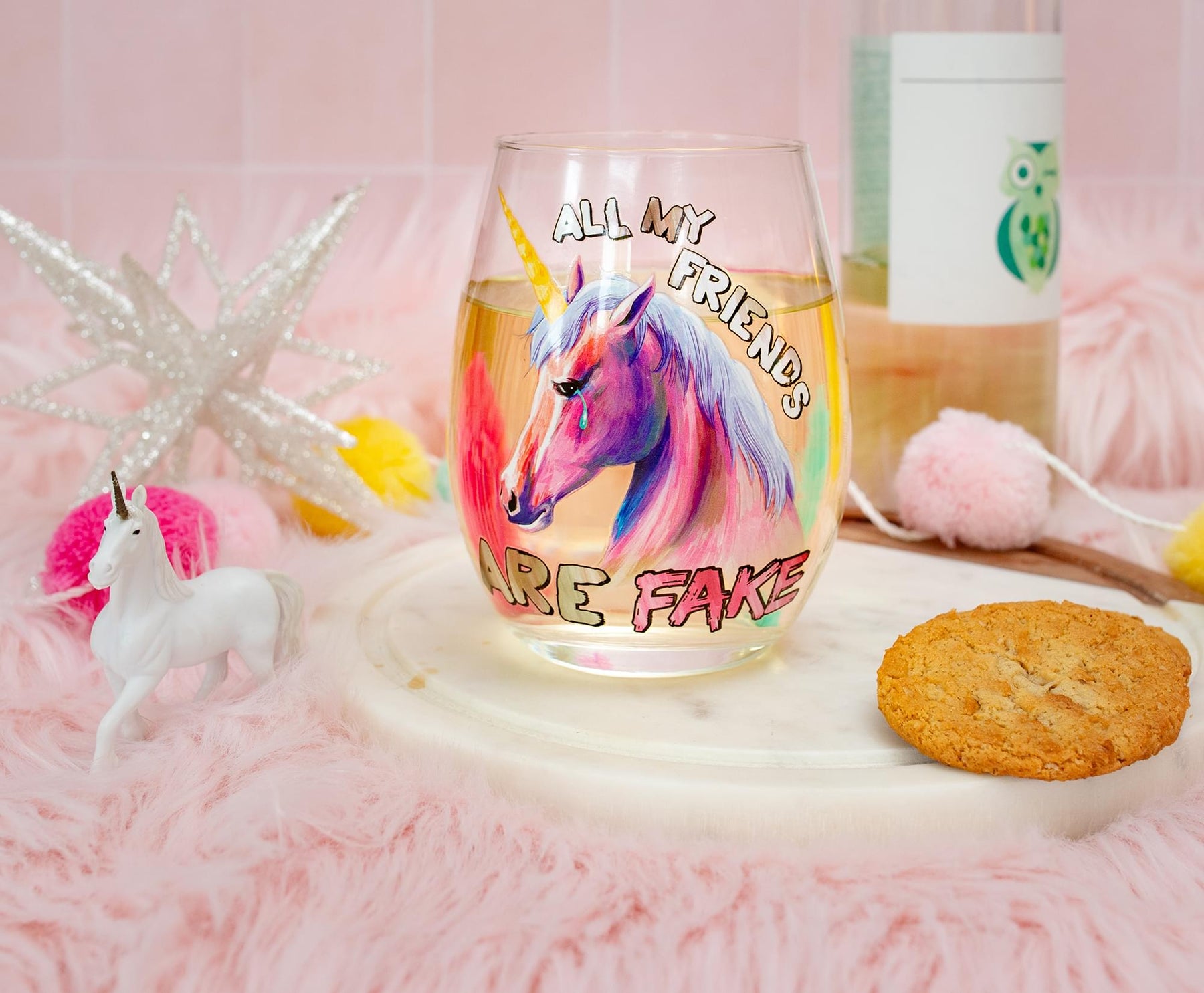 Pink Unicorn "All My Friends Are Fake" Stemless Wine Glass | Holds 20 Ounces