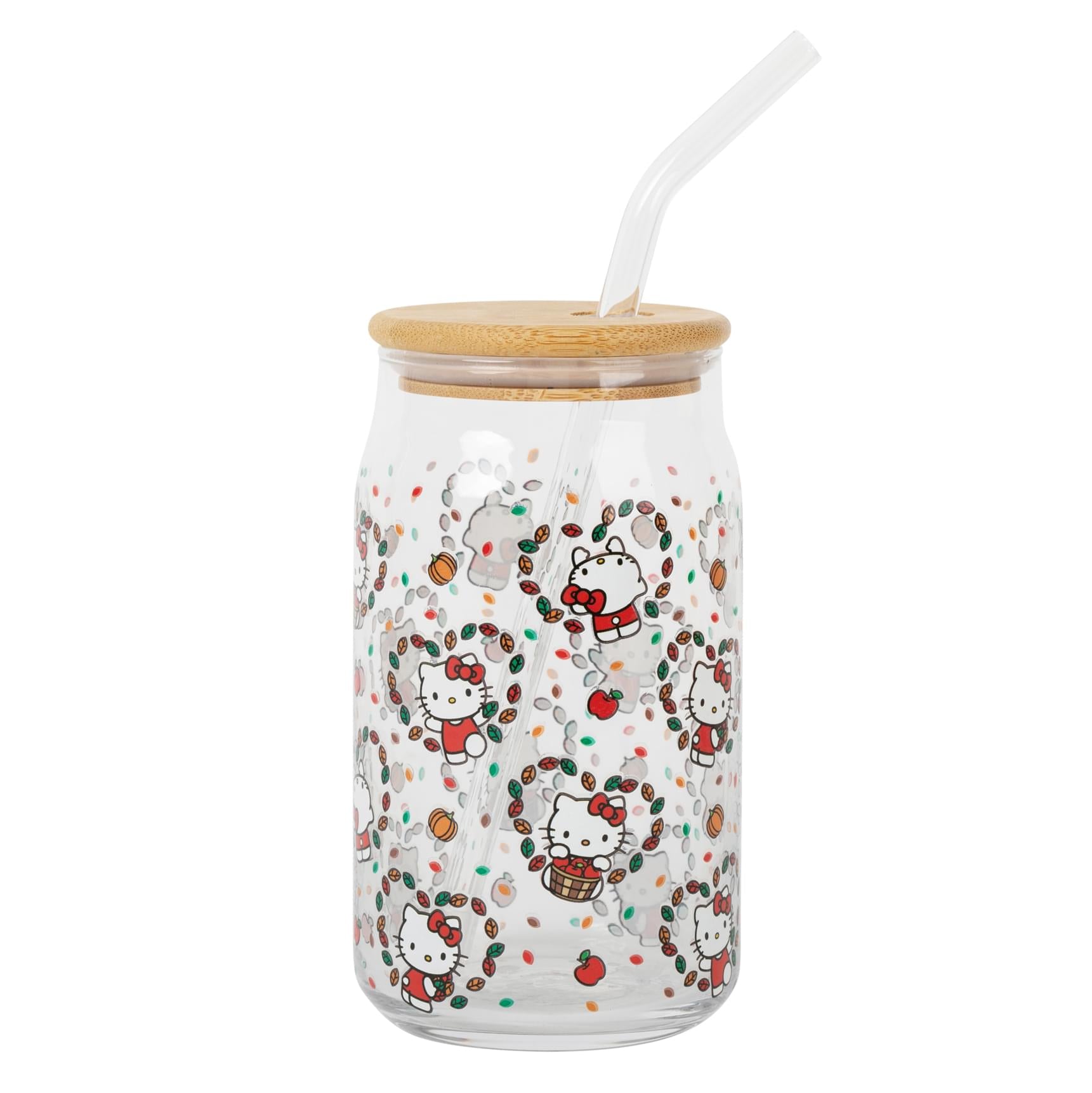 Sanrio Hello Kitty Fall Leaves 16-Ounce Glass Tumbler With Bamboo Lid and Straw