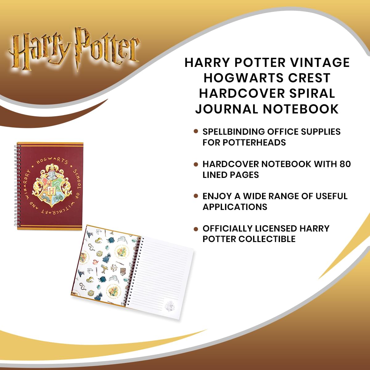 Harry Potter Vintage Hogwarts Crest Hardcover Spiral Journal Notebook