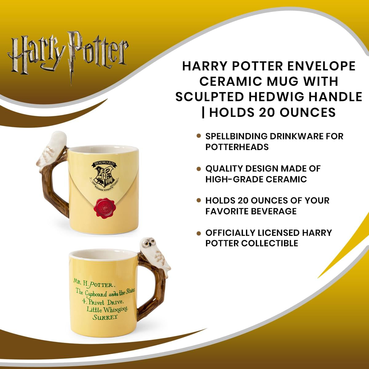 Harry Potter Envelope Ceramic Mug With Sculpted Hedwig Handle | Holds 20 Ounces