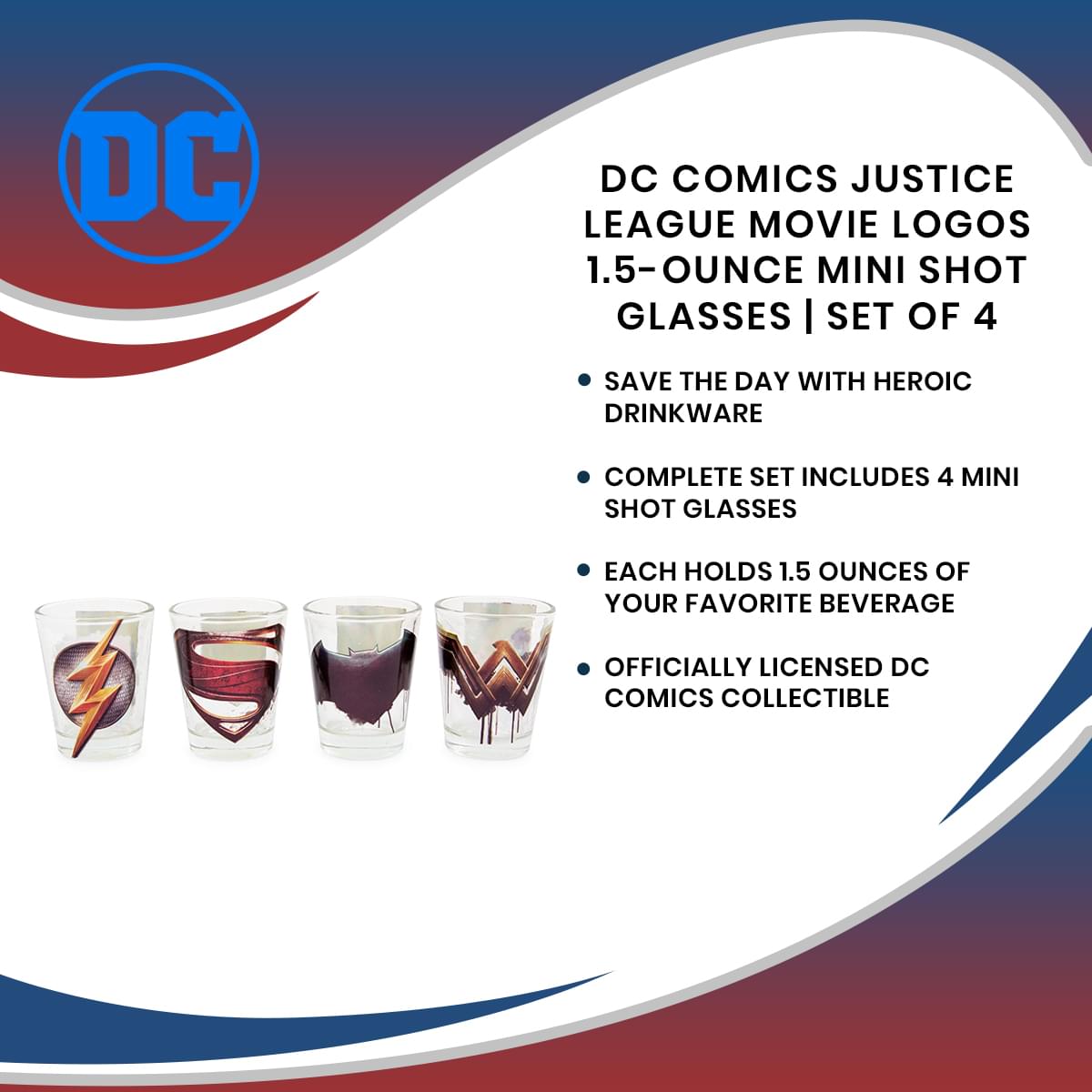 DC Comics Justice League Movie Logos 1.5-Ounce Mini Shot Glasses | Set of 4