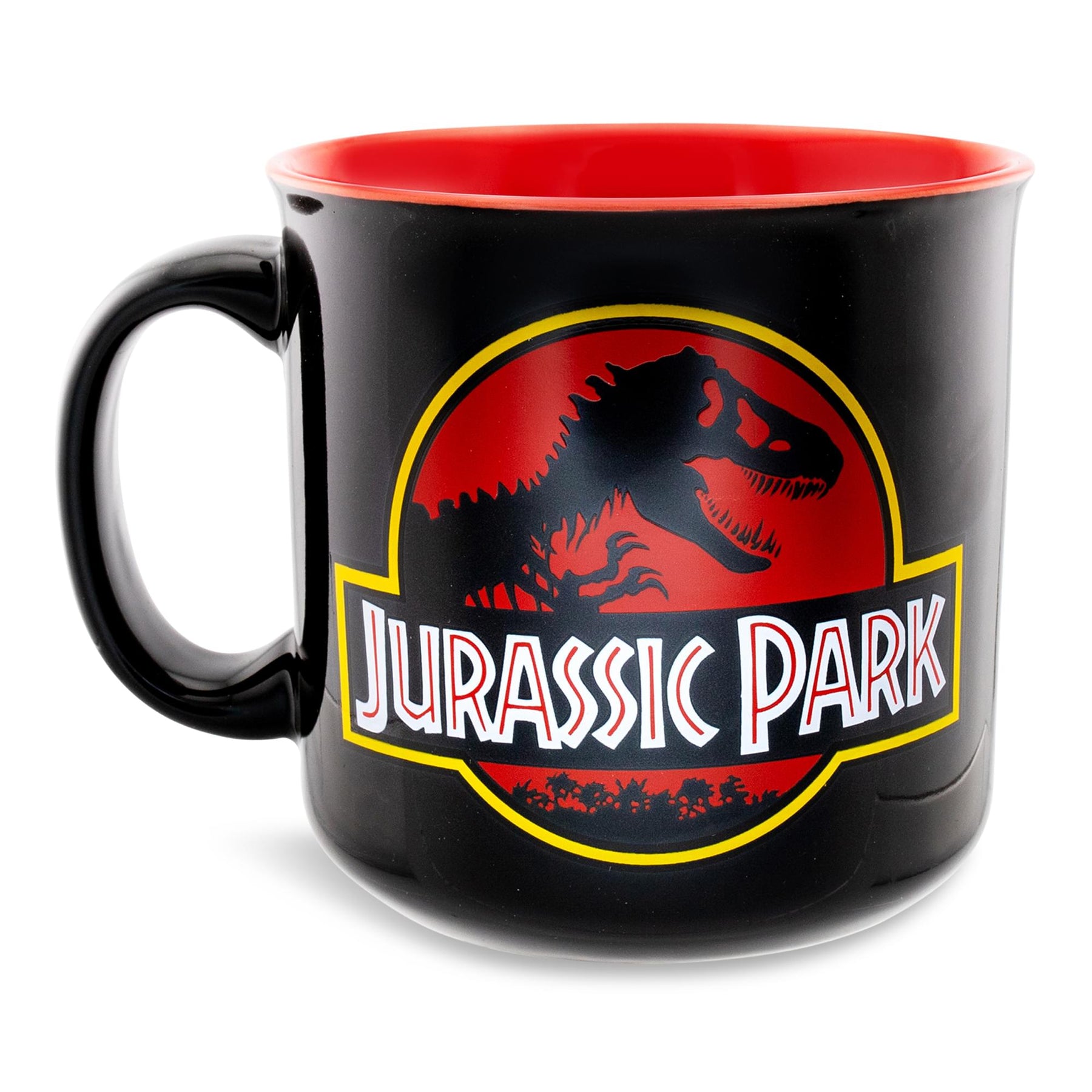 Jurassic Park Classic Logo Black Ceramic Camper Mug | Holds 20 Ounces