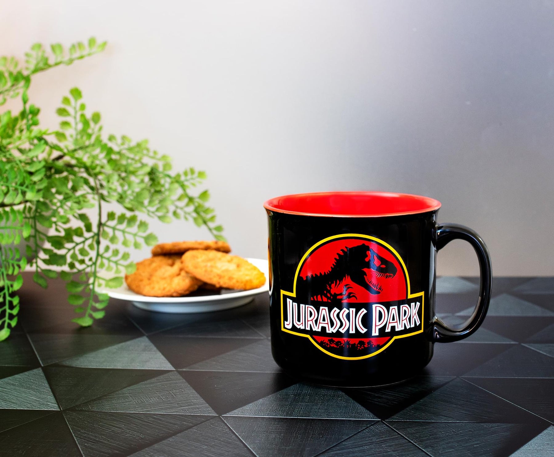 Jurassic Park Classic Logo Black Ceramic Camper Mug | Holds 20 Ounces