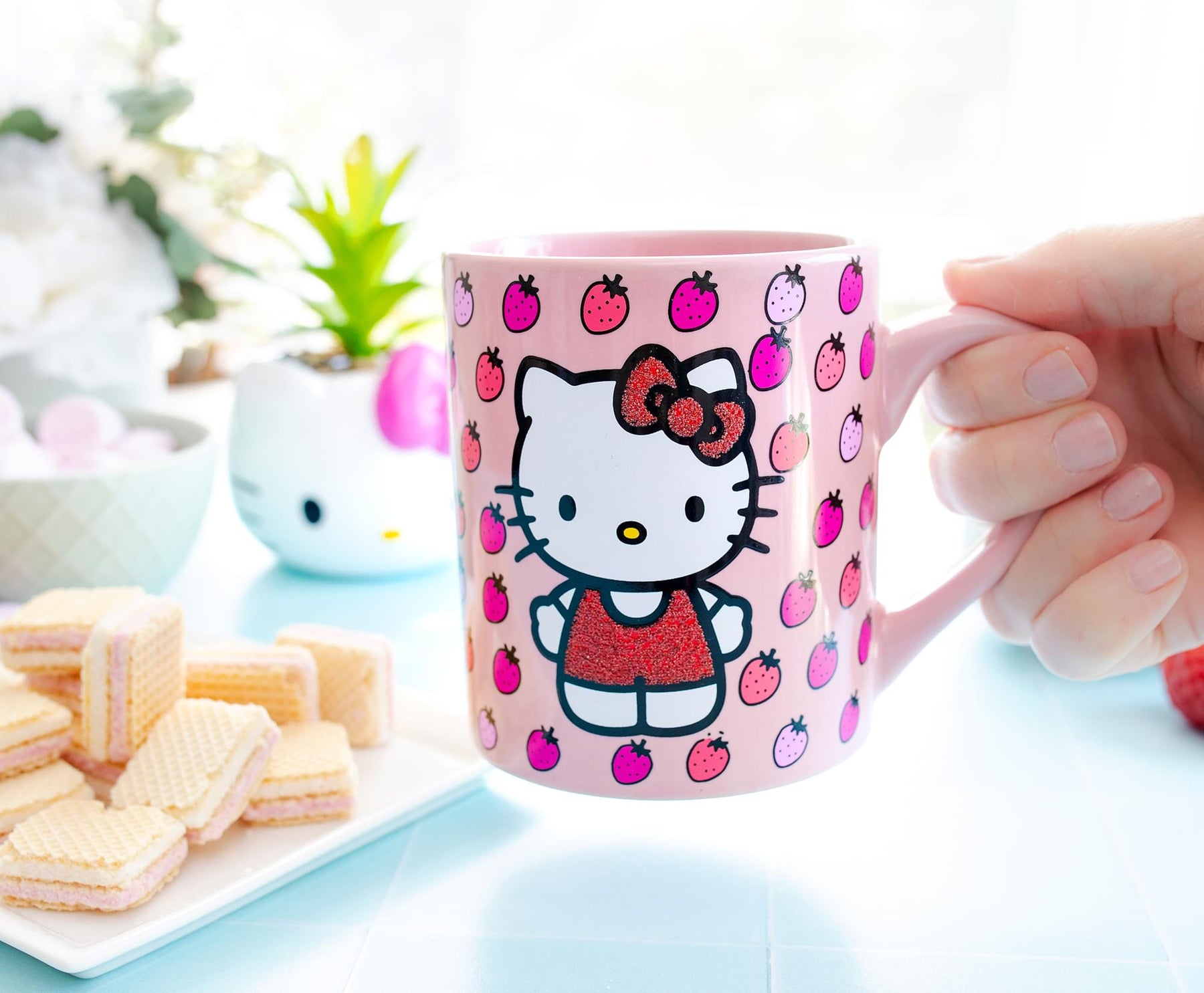 Sanrio Hello Kitty Glitter Strawberry Ceramic Mug | Holds 14 Ounces