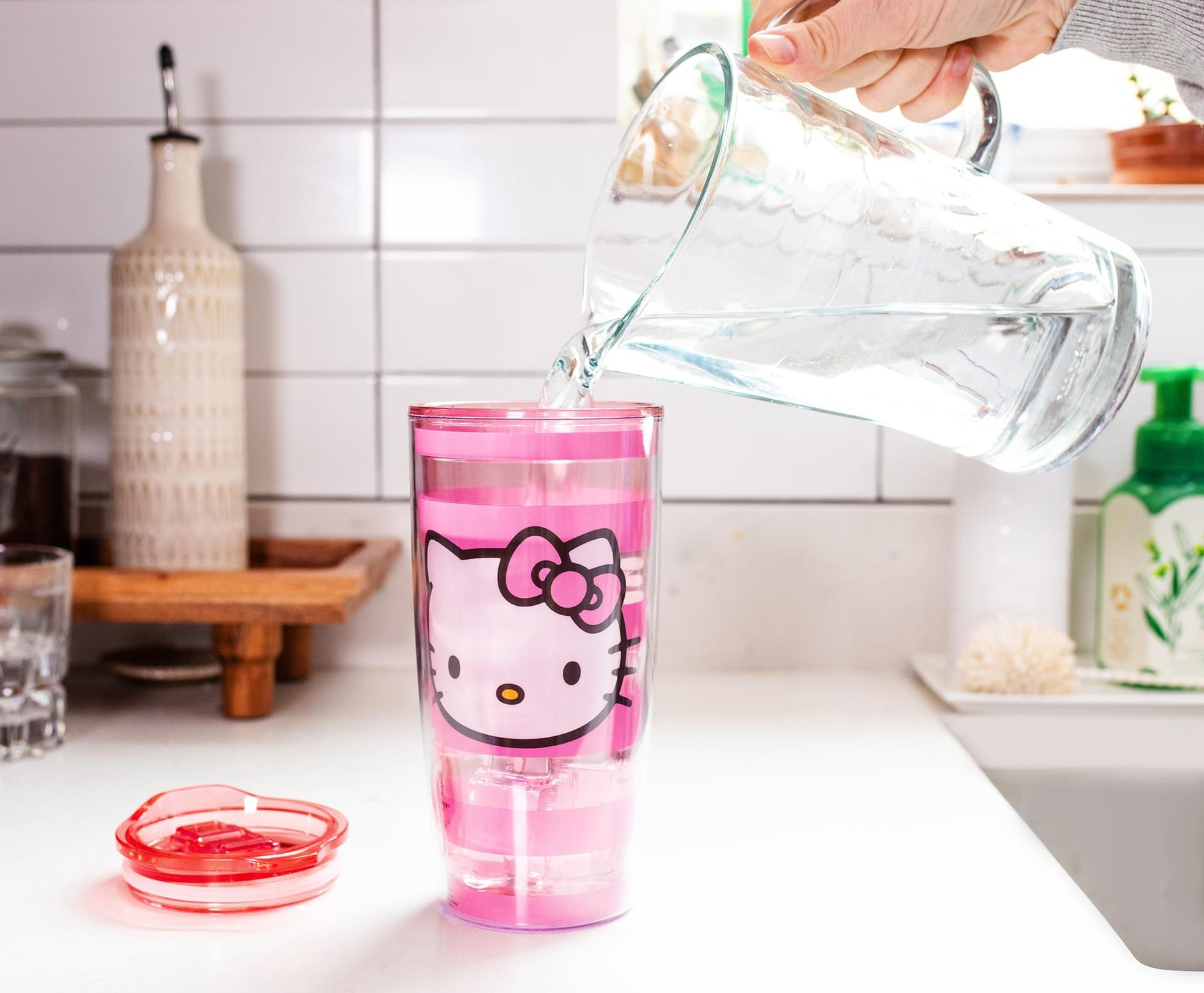 Sanrio Hello Kitty Pink Stripes Travel Tumbler with Slide Close Lid | 20 Ounces