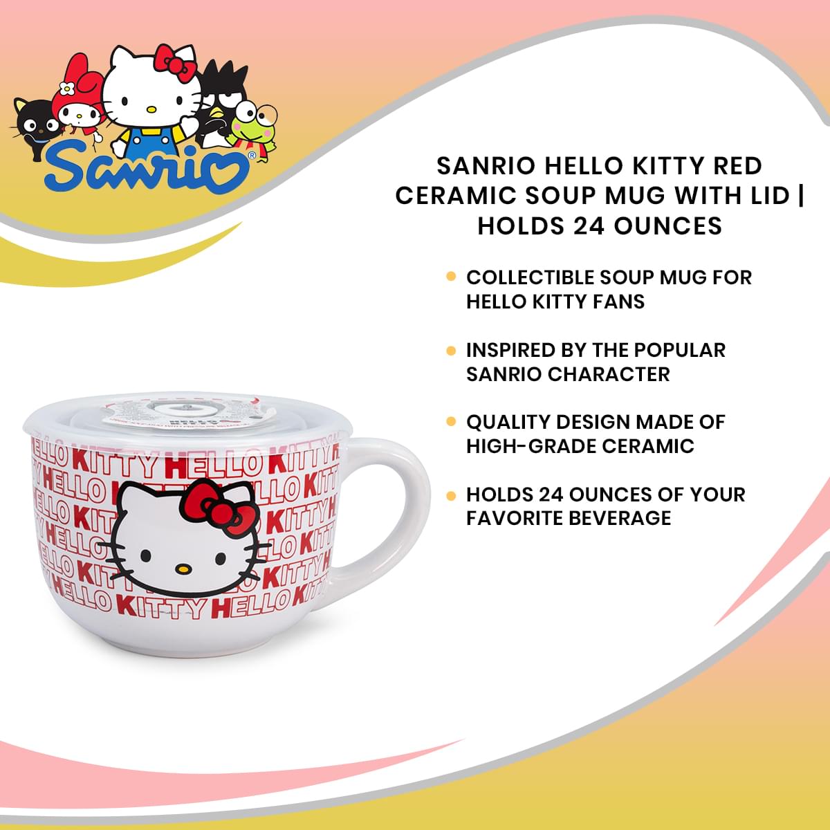 Sanrio Hello Kitty Red Ceramic Soup Mug with Lid | Holds 24 Ounces