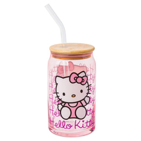 Sanrio Hello Kitty Glass Tumbler With Bamboo Lid and Straw | Holds 16 Ounces