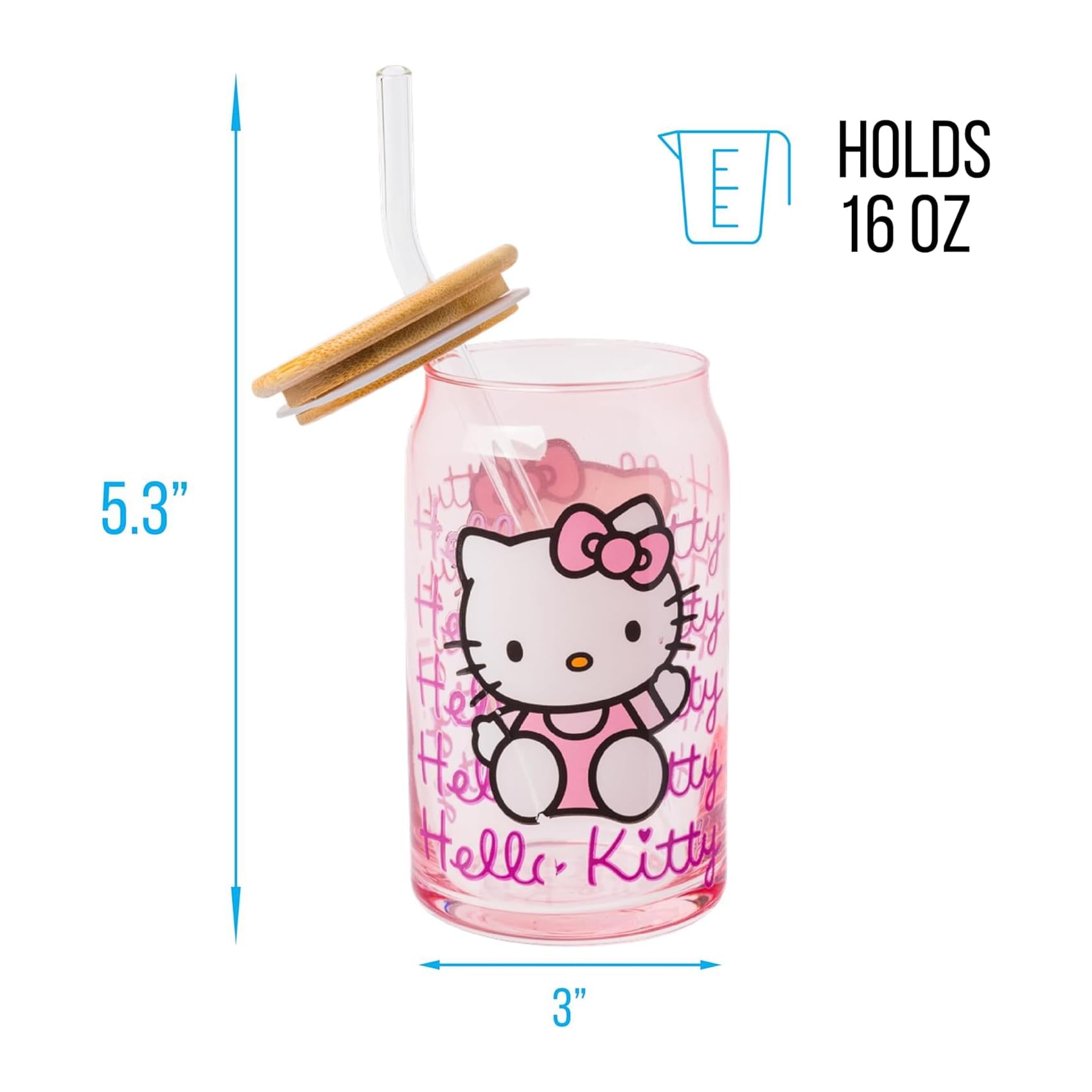 Sanrio Hello Kitty Glass Tumbler With Bamboo Lid and Straw | Holds 16 Ounces