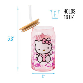 Sanrio Hello Kitty Glass Tumbler With Bamboo Lid and Straw | Holds 16 Ounces