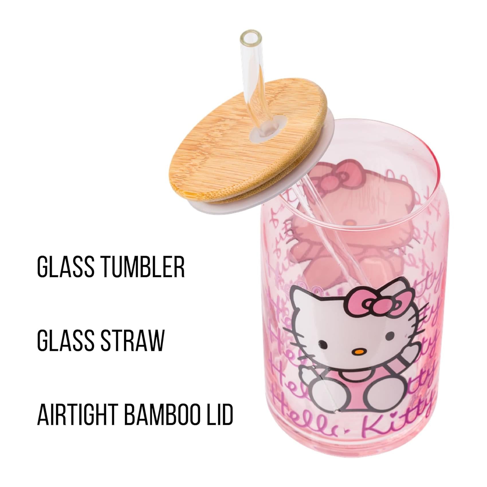 Sanrio Hello Kitty Glass Tumbler With Bamboo Lid and Straw | Holds 16 Ounces