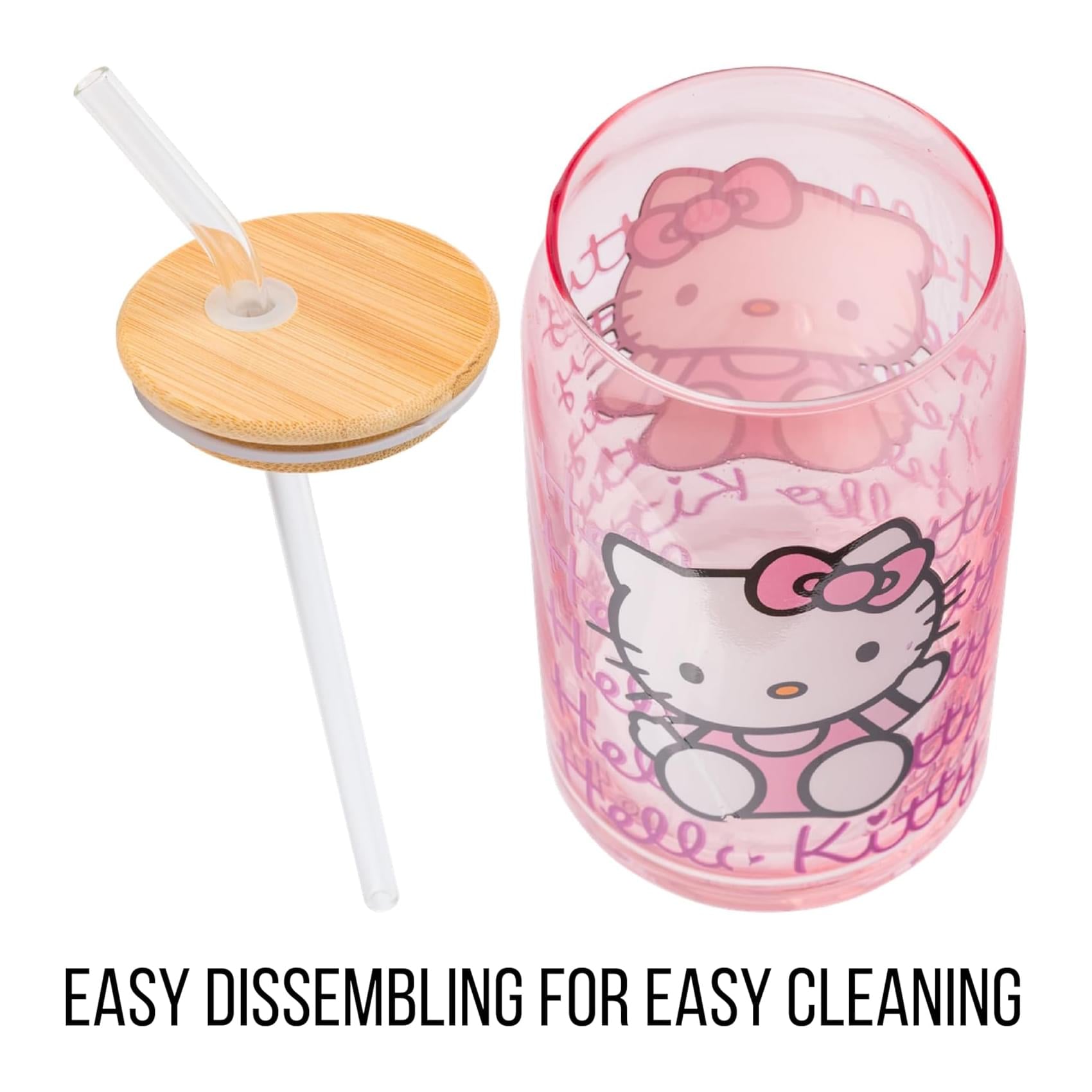 Sanrio Hello Kitty Glass Tumbler With Bamboo Lid and Straw | Holds 16 Ounces