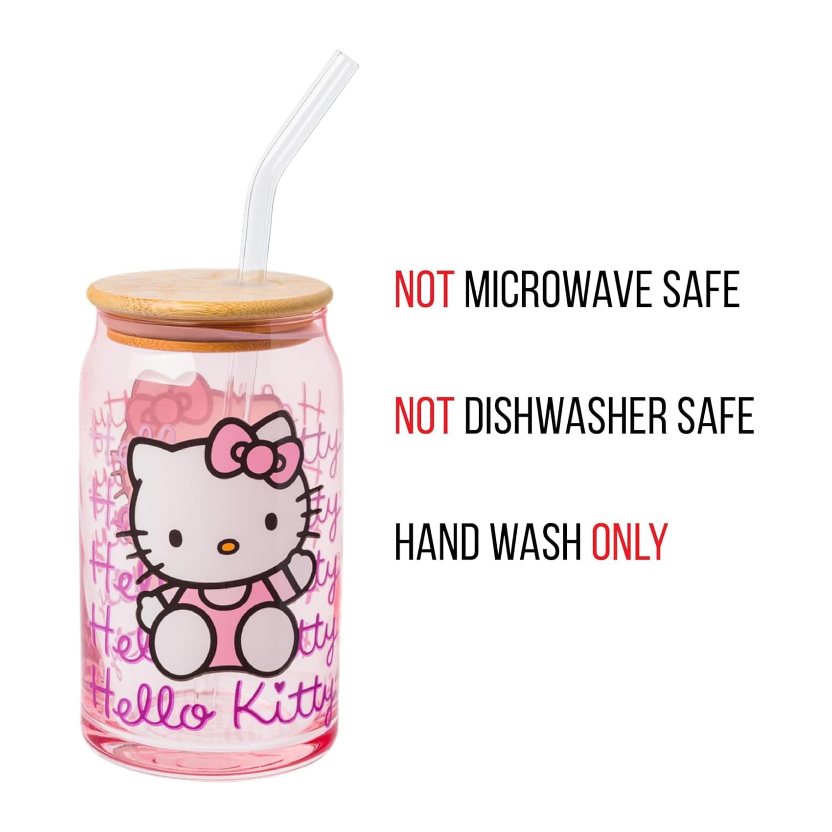 Sanrio Hello Kitty Glass Tumbler With Bamboo Lid and Straw | Holds 16 Ounces