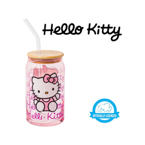 Sanrio Hello Kitty Glass Tumbler With Bamboo Lid and Straw | Holds 16 Ounces