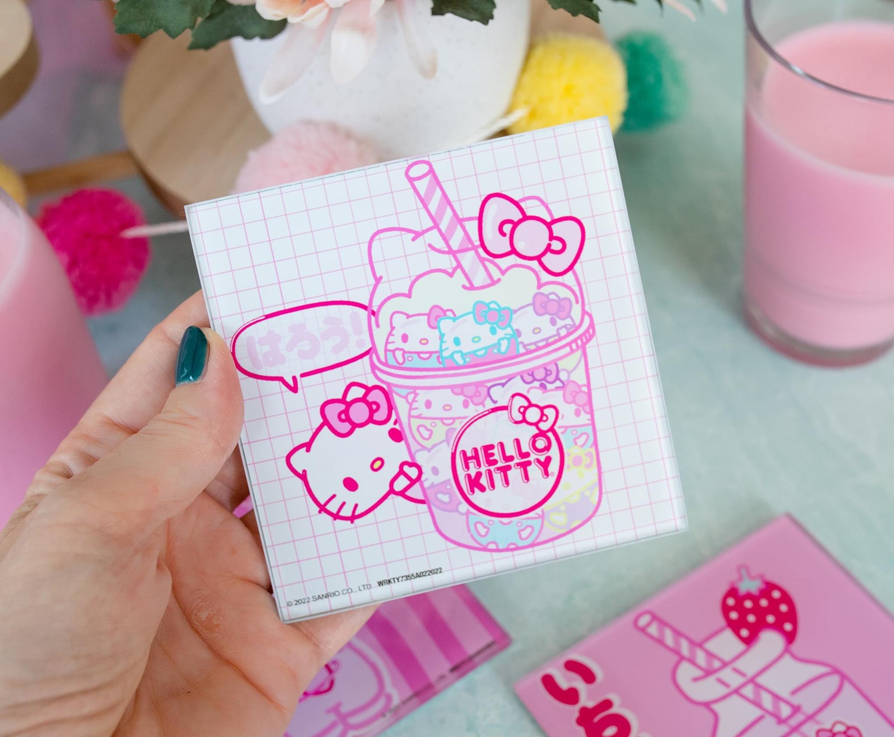 Sanrio Hello Kitty Strawberry Milk Glass Coasters | Set of 4