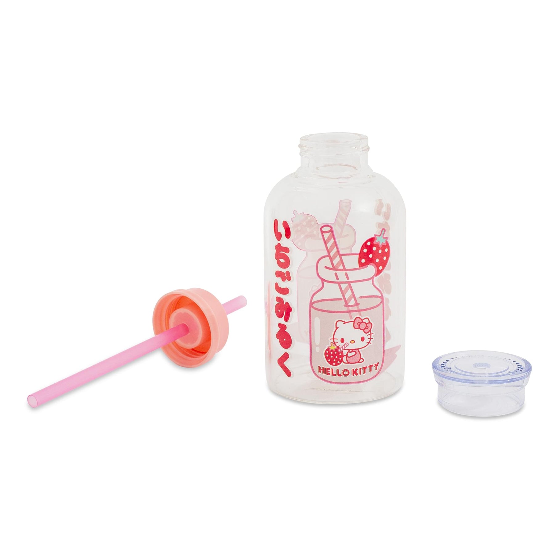 Sanrio Hello Kitty Strawberry Glass Milk Bottle With Straw | Holds 15 Ounces