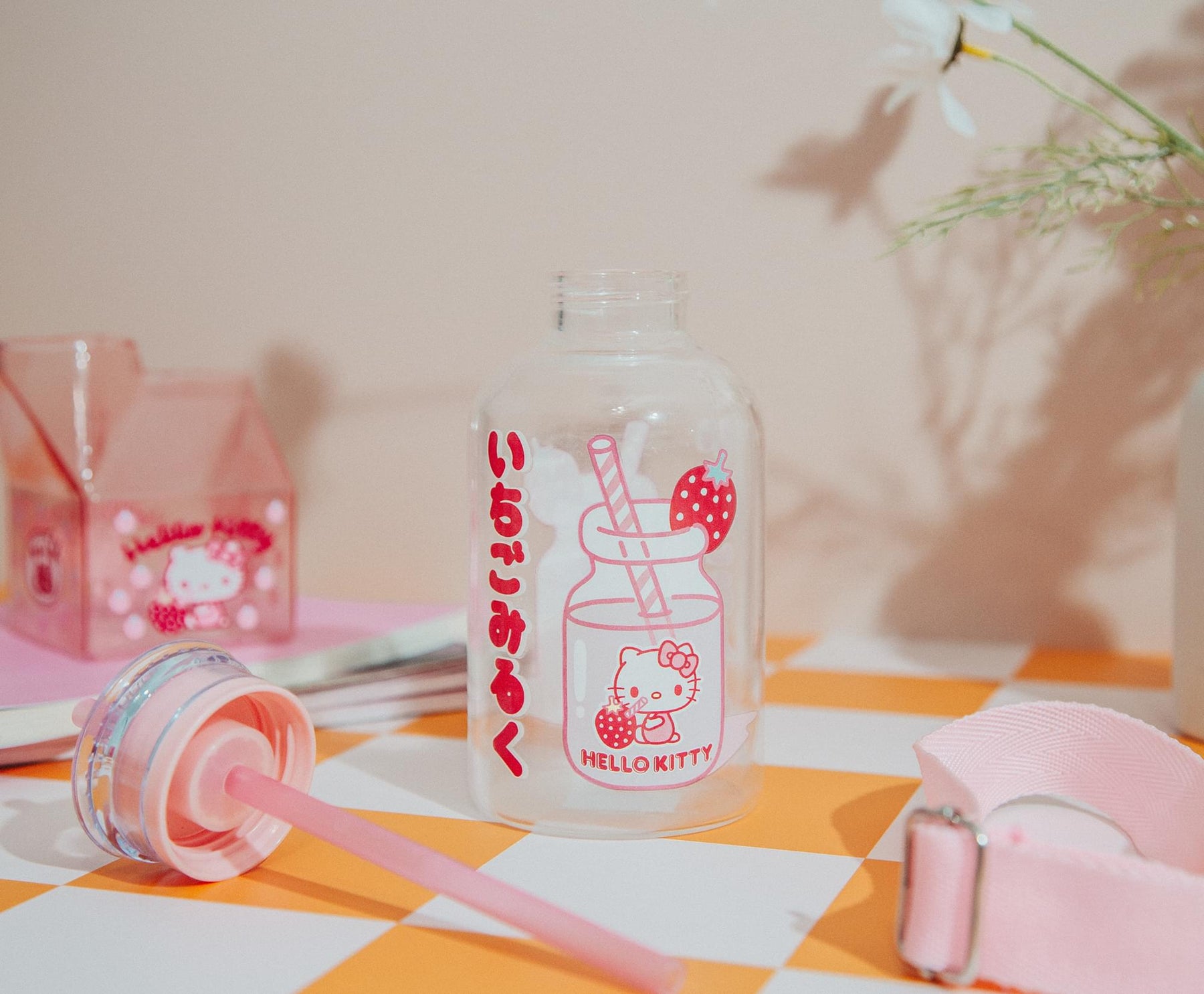 Sanrio Hello Kitty Strawberry Glass Milk Bottle With Straw | Holds 15 Ounces