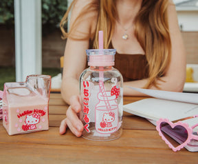 Sanrio Hello Kitty Strawberry Glass Milk Bottle With Straw | Holds 15 Ounces