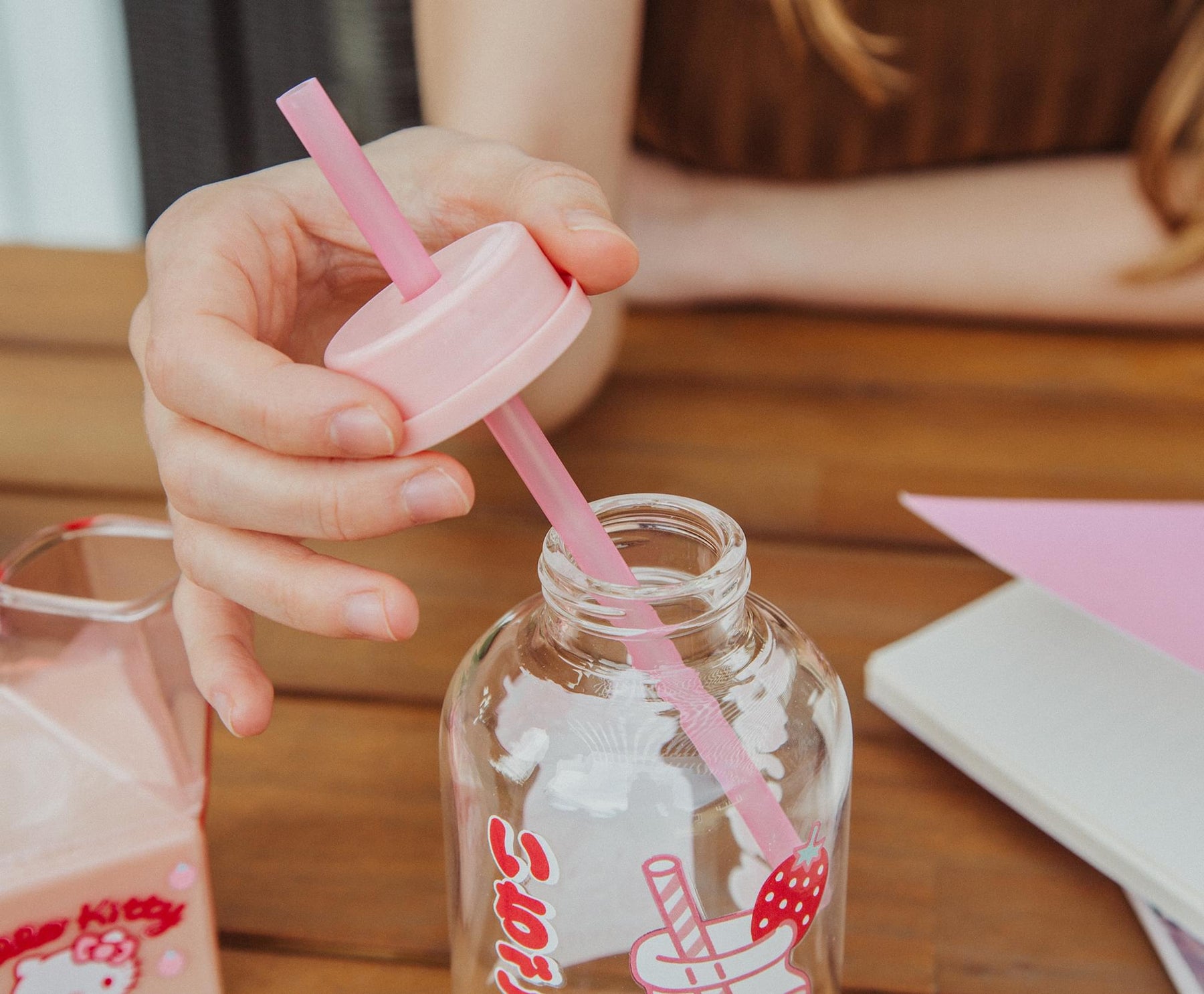 Sanrio Hello Kitty Strawberry Glass Milk Bottle With Straw | Holds 15 Ounces