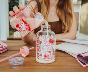 Sanrio Hello Kitty Strawberry Glass Milk Bottle With Straw | Holds 15 Ounces