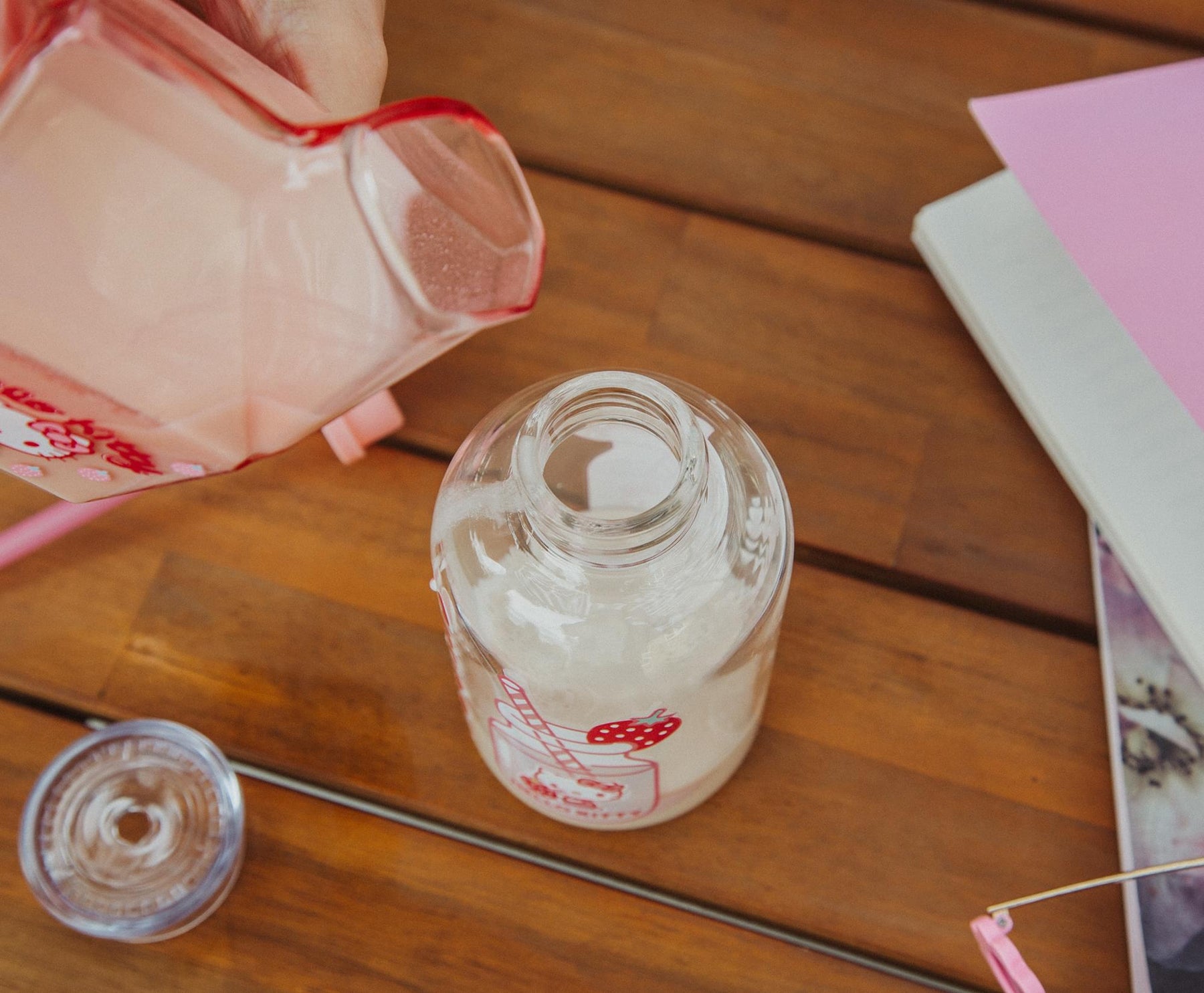 Sanrio Hello Kitty Strawberry Glass Milk Bottle With Straw | Holds 15 Ounces