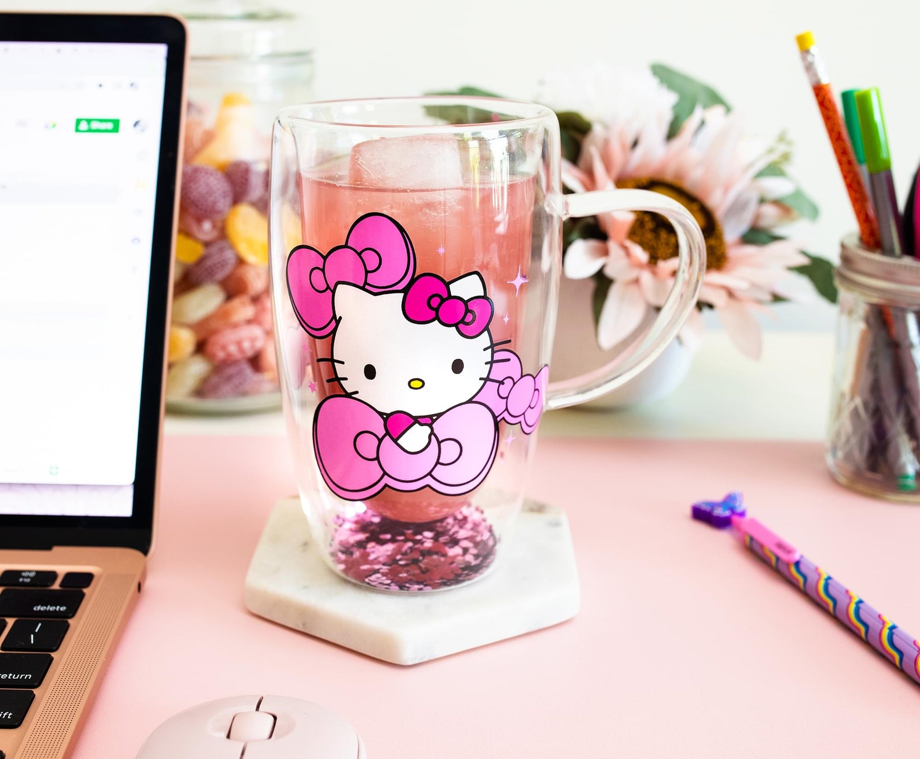 Sanrio Hello Kitty Unicorn Glass Mug with Glitter Handle | Holds 14 Ounces