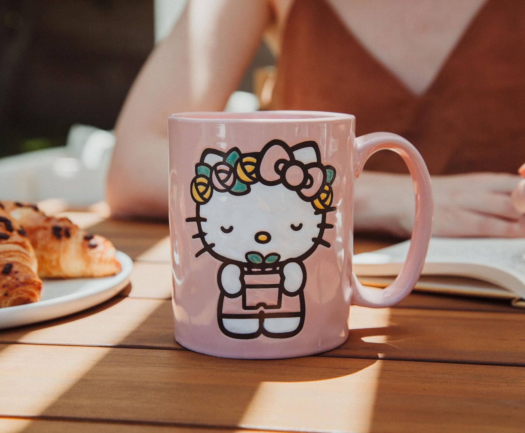 Sanrio Hello Kitty Flower Badge Wax Resist Ceramic Pottery Mug | Holds 18 Ounces