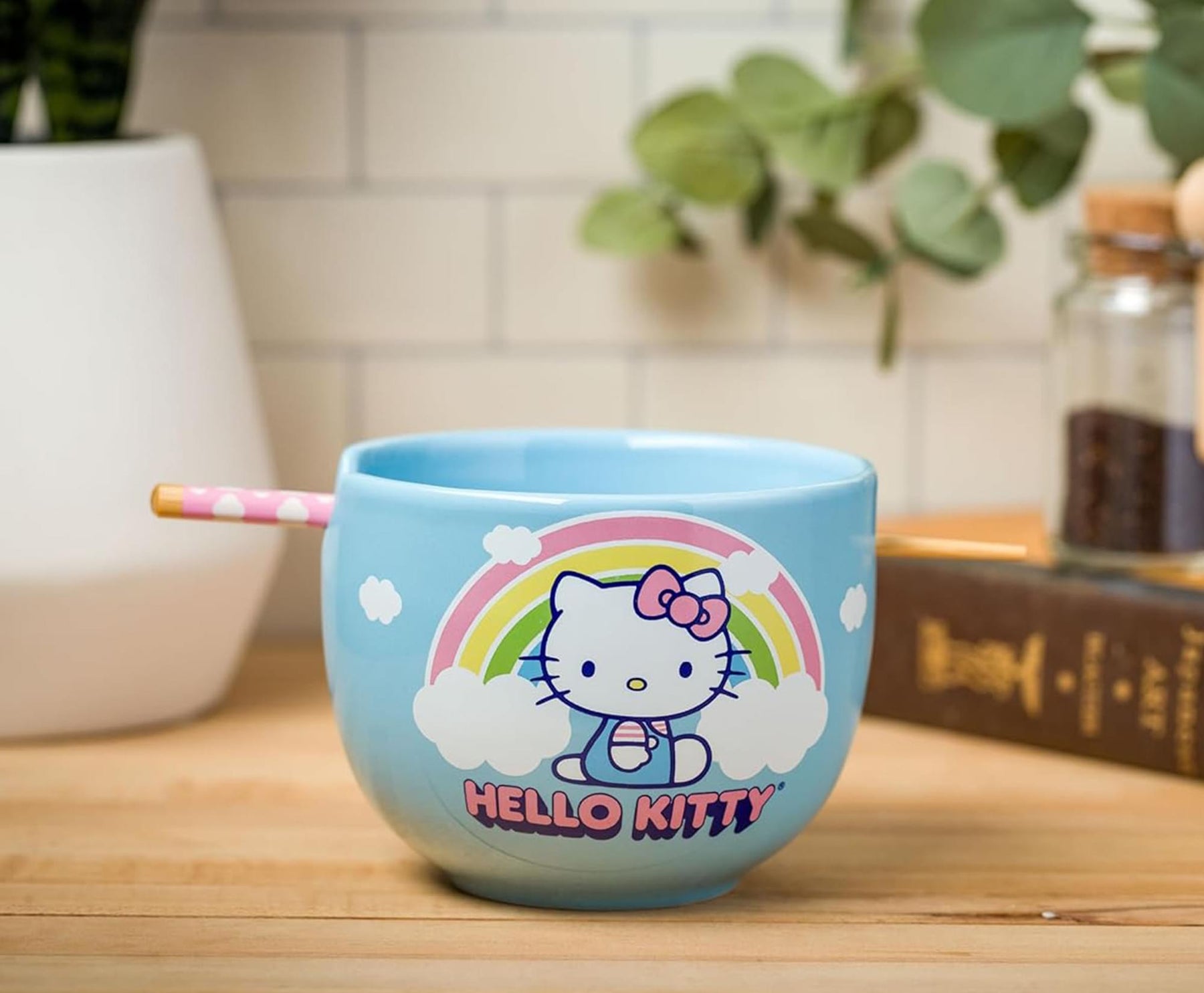 Sanrio Hello Kitty Rainbow 20 Ounce Ceramic Ramen Bowl with Chopsticks