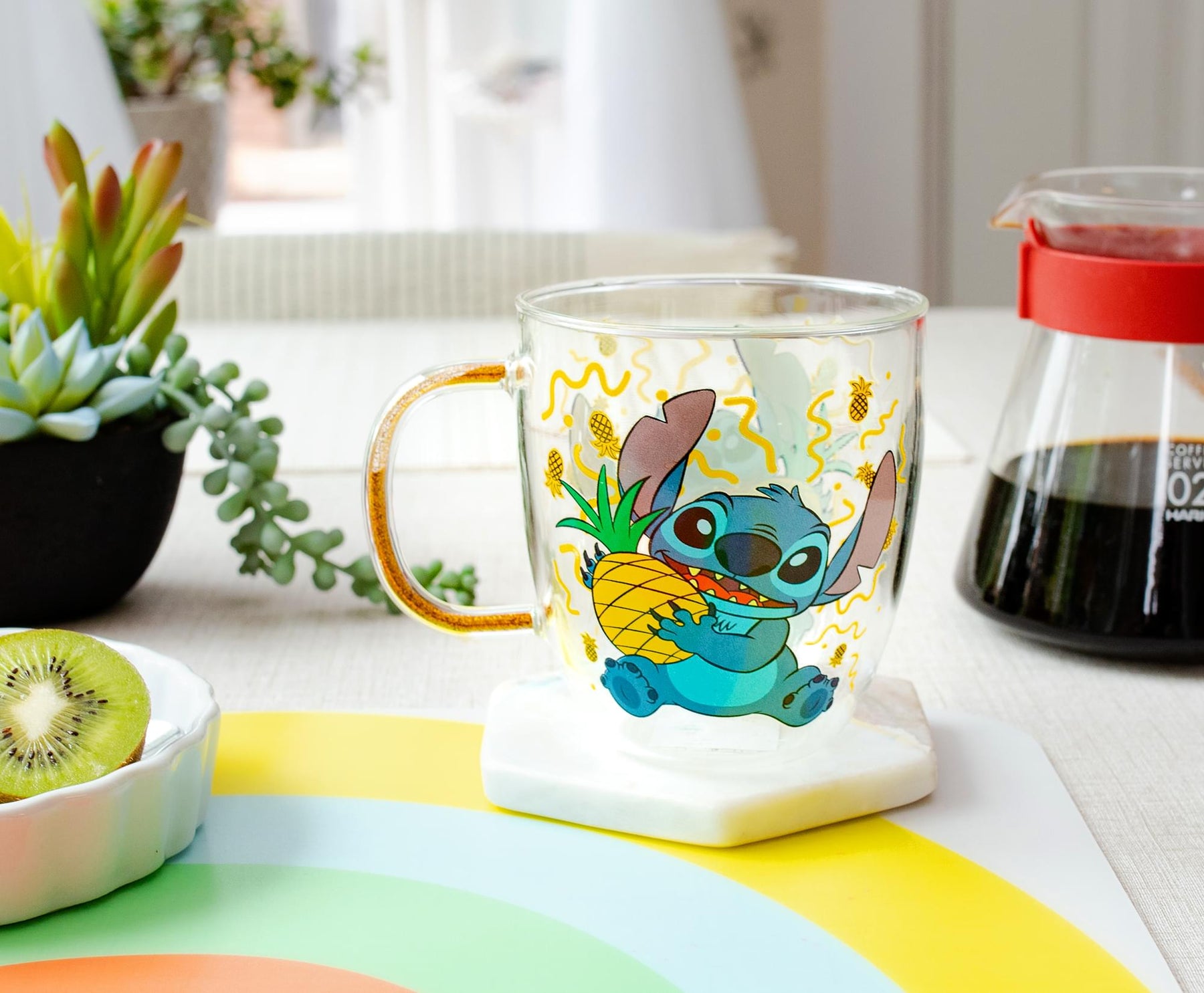 Disney Lilo & Stitch Pineapples Glitter Handle Glass Mug | 14 Ounces