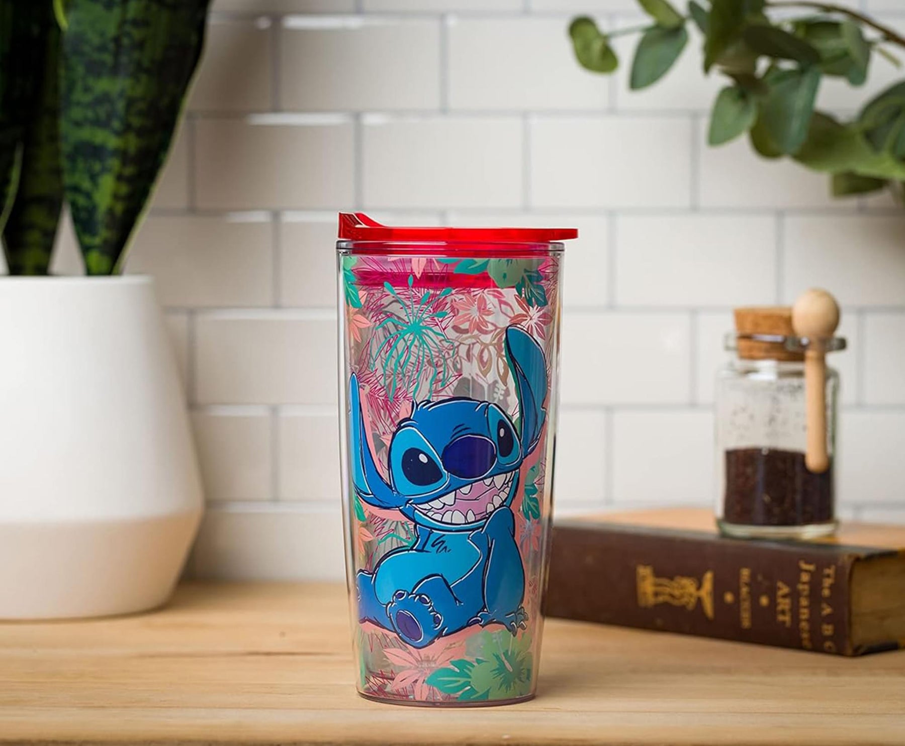 Disney Lilo & Stitch Floral Pattern 20 Ounce Travel Tumbler with Slide Close Lid