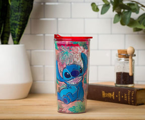 Disney Lilo & Stitch Floral Pattern 20 Ounce Travel Tumbler with Slide Close Lid