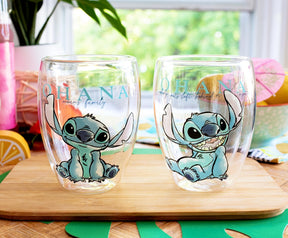 Disney Lilo and Stitch "Ohana Means Family" Floral Stemless Glasses | Set of 2