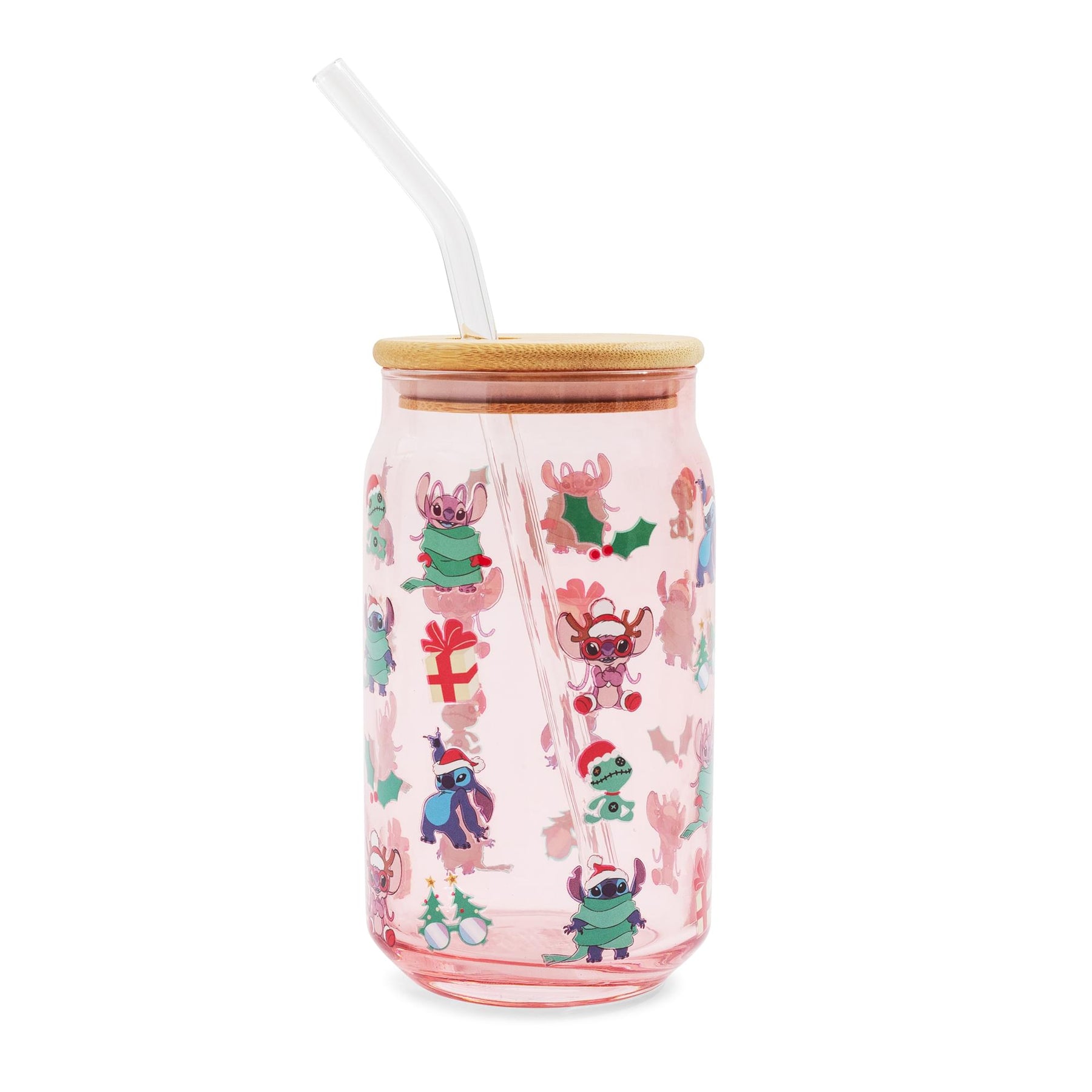 Disney Lilo & Stitch Holiday 16-Ounce Glass Tumbler With Bamboo Lid and Straw