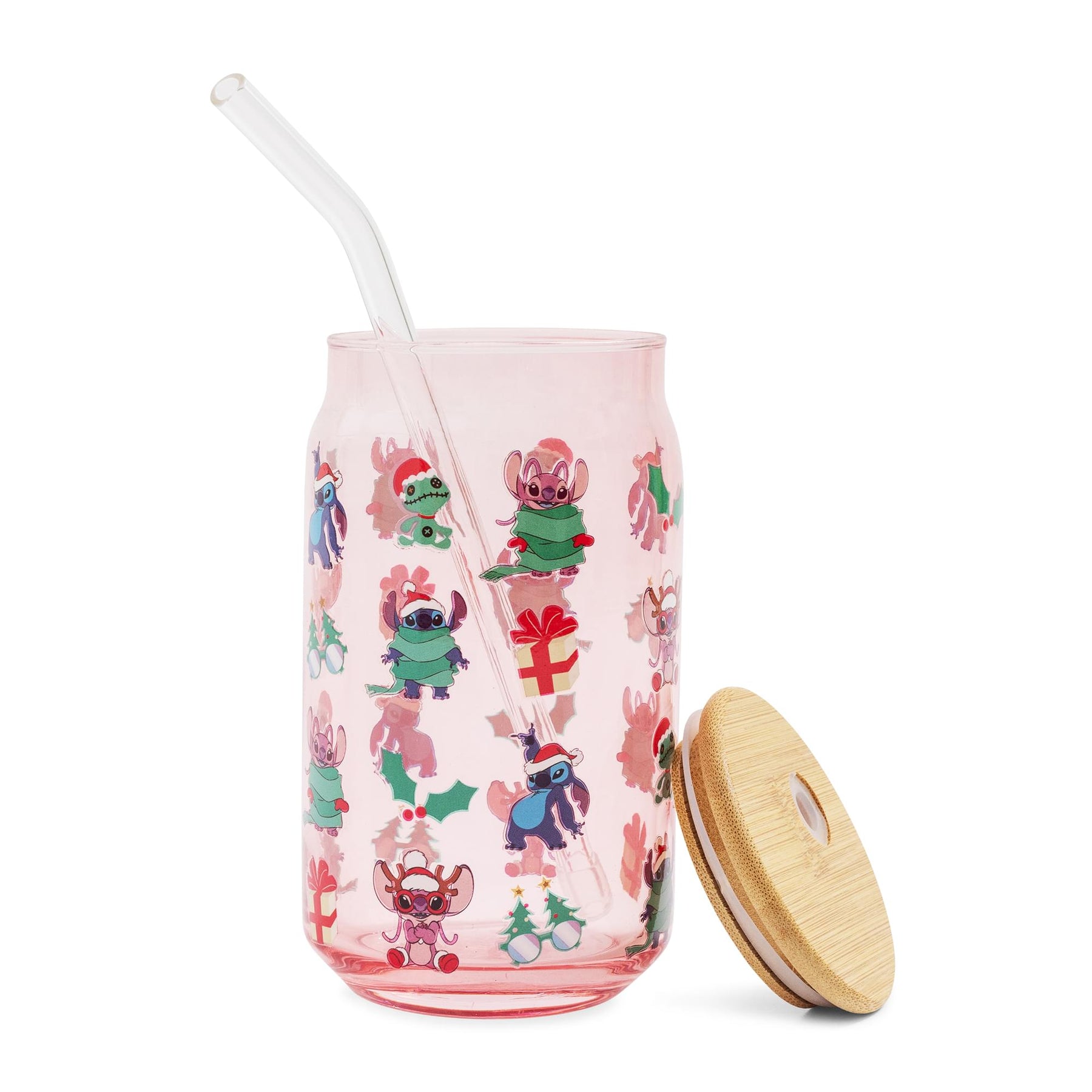 Disney Lilo & Stitch Holiday 16-Ounce Glass Tumbler With Bamboo Lid and Straw