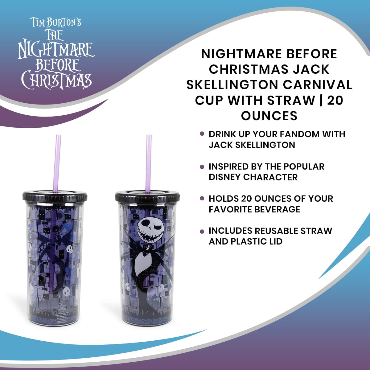 Nightmare Before Christmas Jack Skellington Carnival Cup With Straw | 20 Ounces