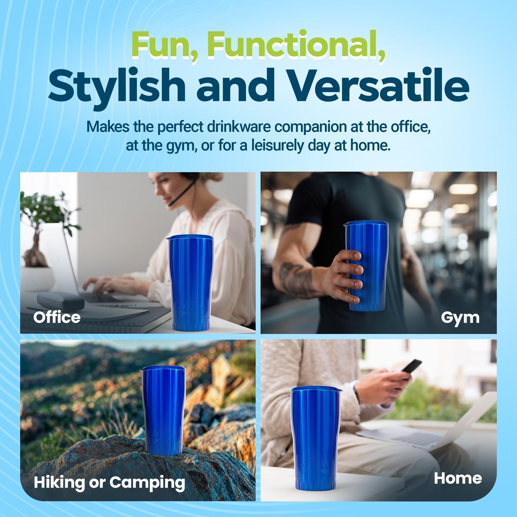 Metallic Royal Blue Stainless Steel Tumbler With Open-Sip Lid | Holds 20 Ounces