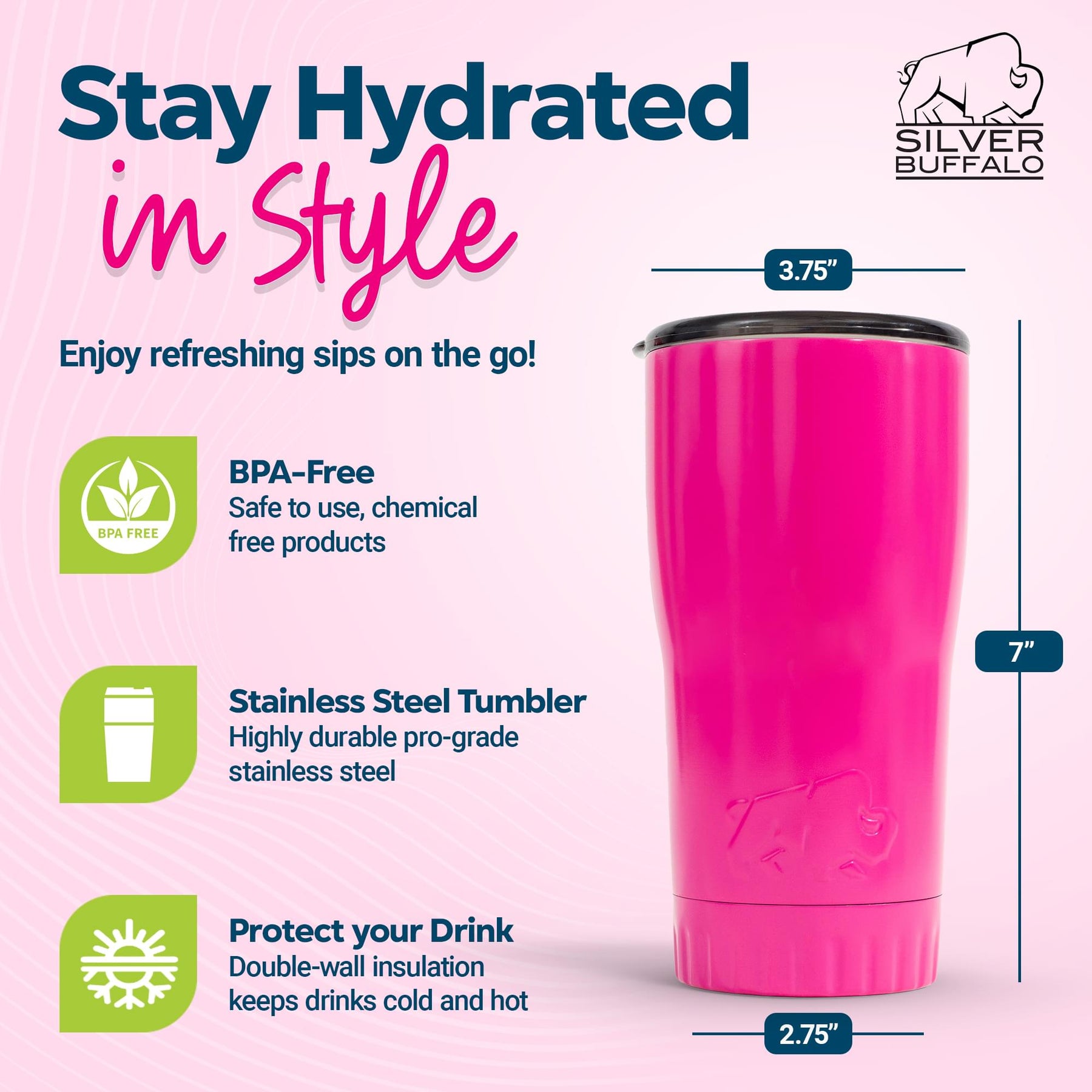 Metallic Hot Pink Stainless Steel Tumbler With Open-Sip Lid | Holds 20 Ounces