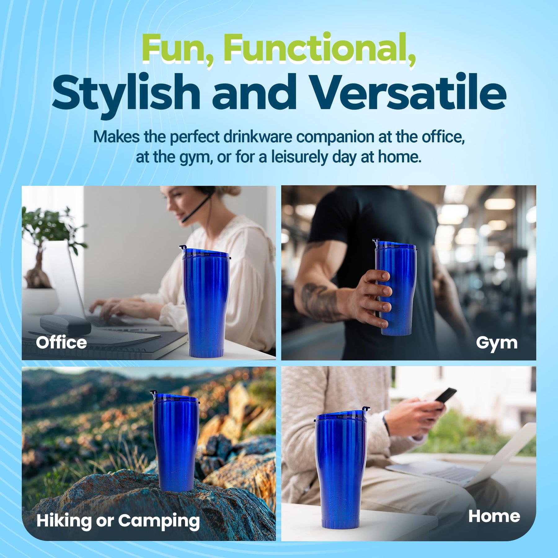 Metallic Royal Blue Stainless Steel Tumbler With Flip Lid | Holds 30 Ounces