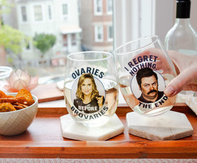 Parks and Recreation Ron & Leslie 20-Ounce Stemless Wine Glasses | Set of 2