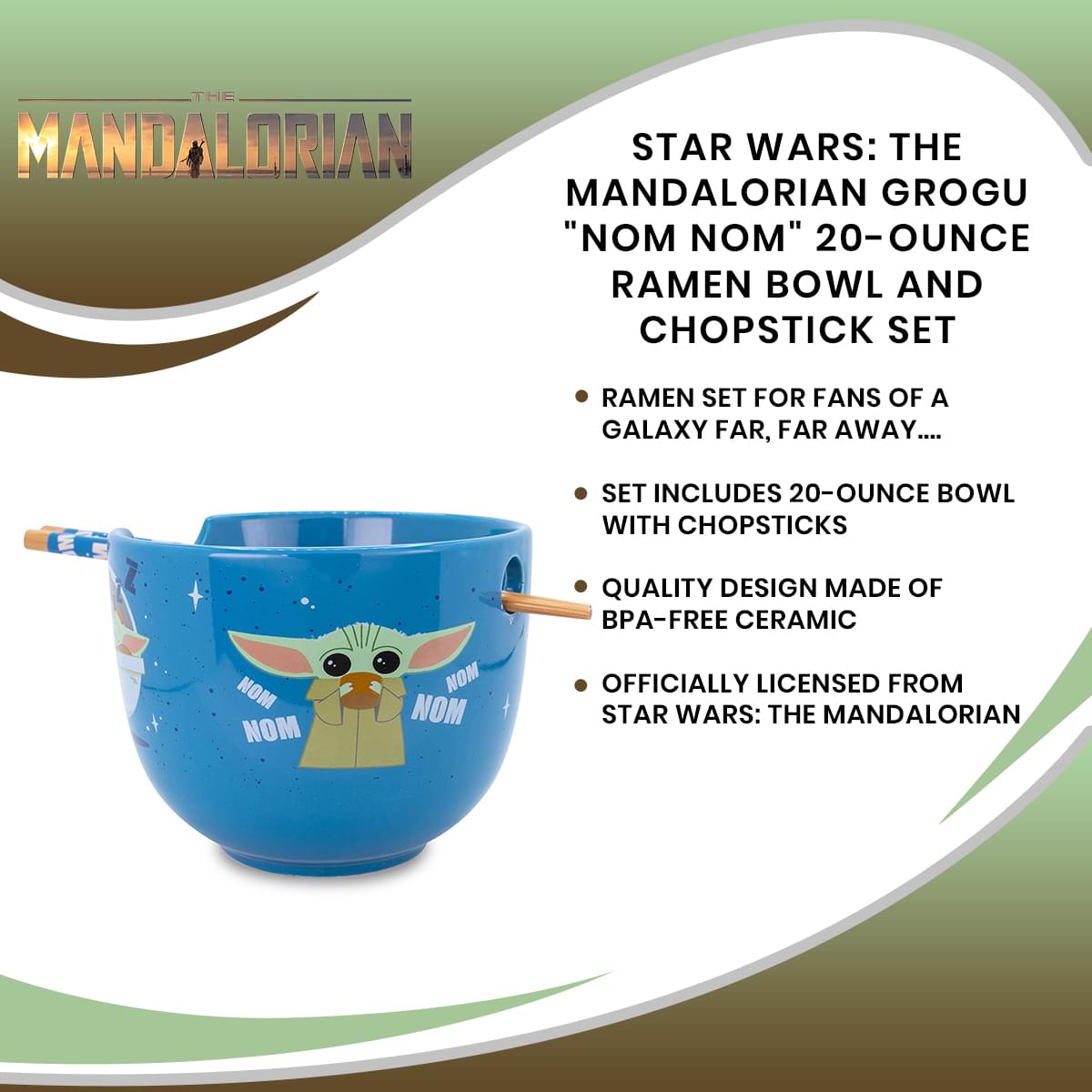 Star Wars: The Mandalorian Grogu "Nom Nom" 20-Ounce Ramen Bowl and Chopstick Set