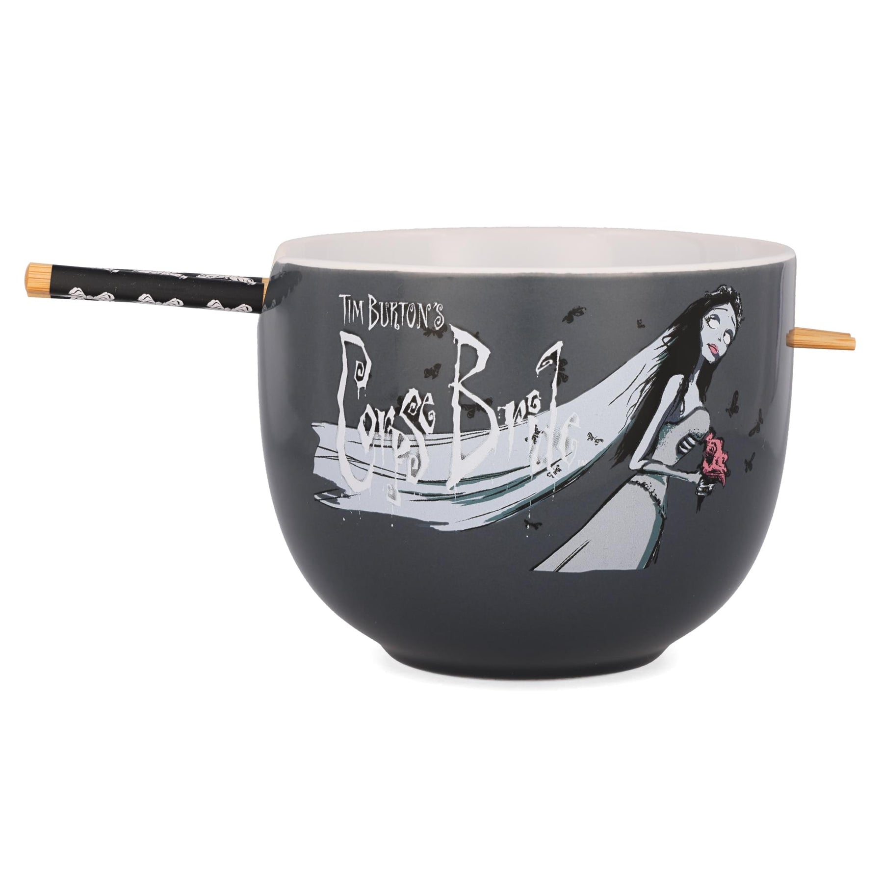 Tim Burton's Corpse Bride Emily Butterflies Ceramic Ramen Bowl With Chopsticks