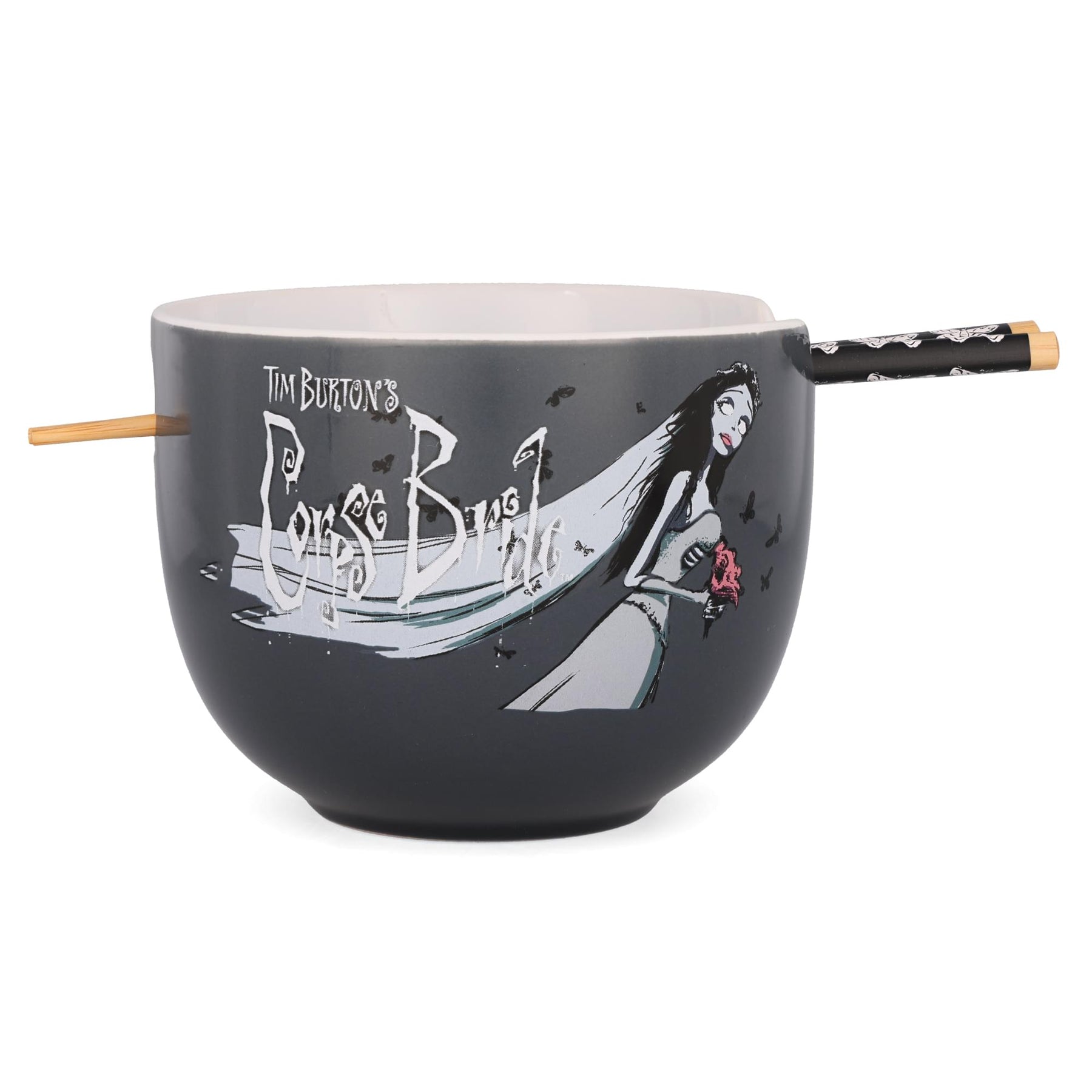 Tim Burton's Corpse Bride Emily Butterflies Ceramic Ramen Bowl With Chopsticks