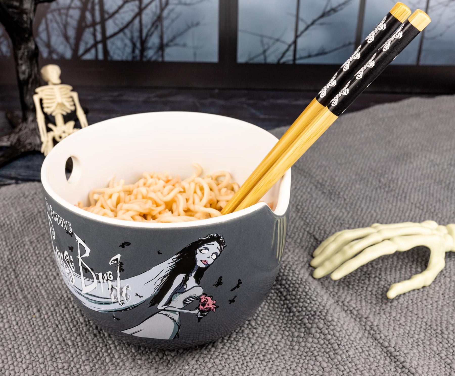 Tim Burton's Corpse Bride Emily Butterflies Ceramic Ramen Bowl With Chopsticks