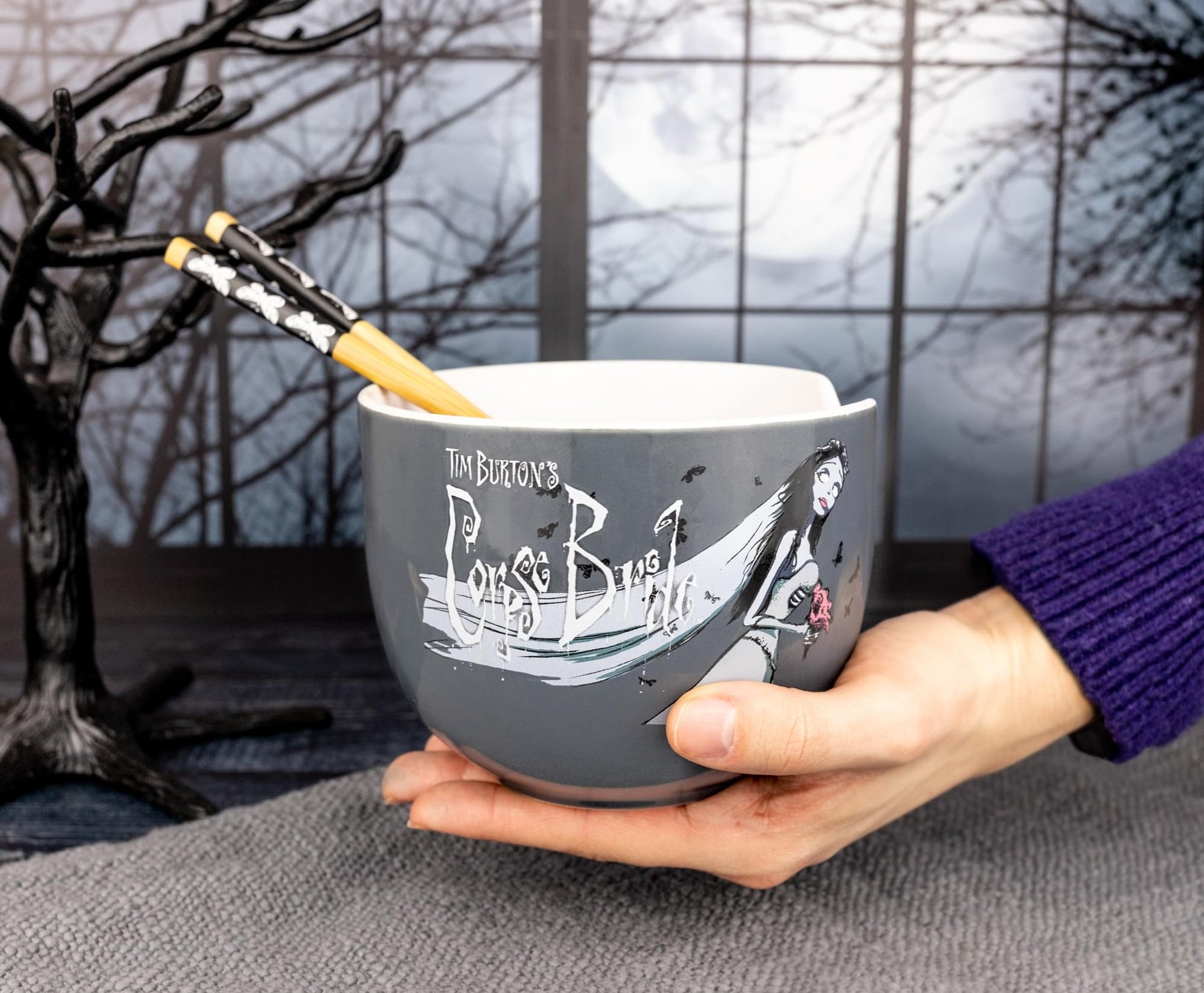 Tim Burton's Corpse Bride Emily Butterflies Ceramic Ramen Bowl With Chopsticks