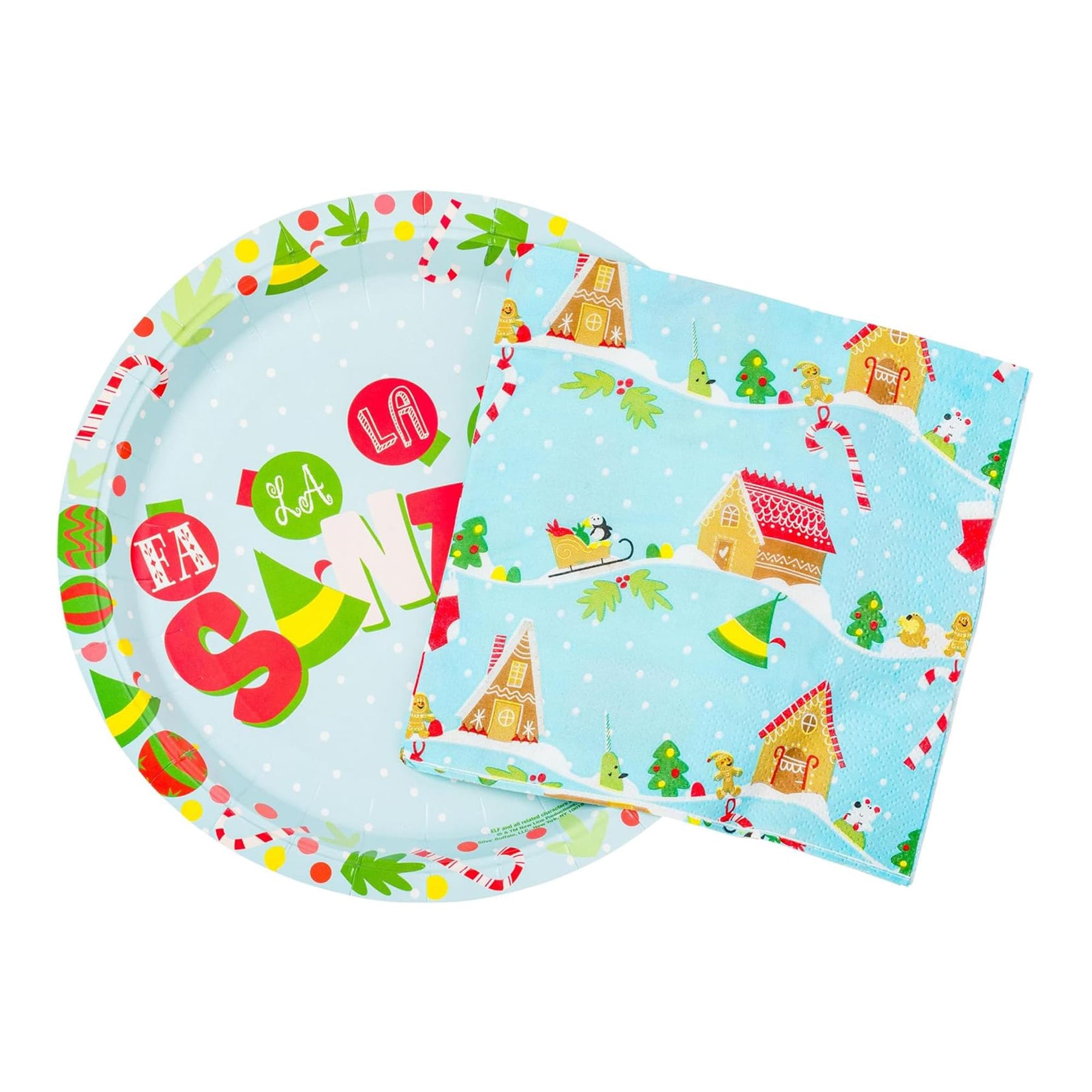 Elf Fa La La Santa Snow Icons 32 Piece Paper Napkin and Plate Party Pack