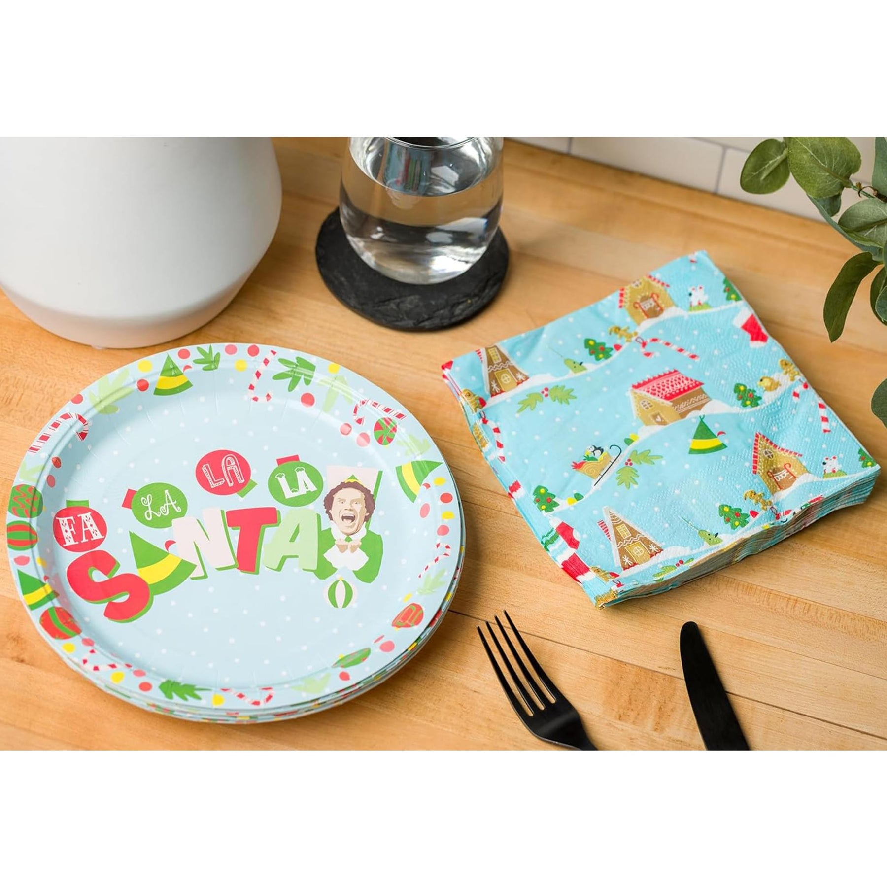 Elf Fa La La Santa Snow Icons 32 Piece Paper Napkin and Plate Party Pack