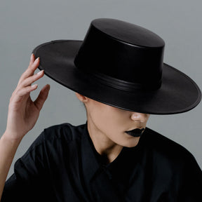 Black Faux Leather Flat Brim Hat Adult Costume Accessory