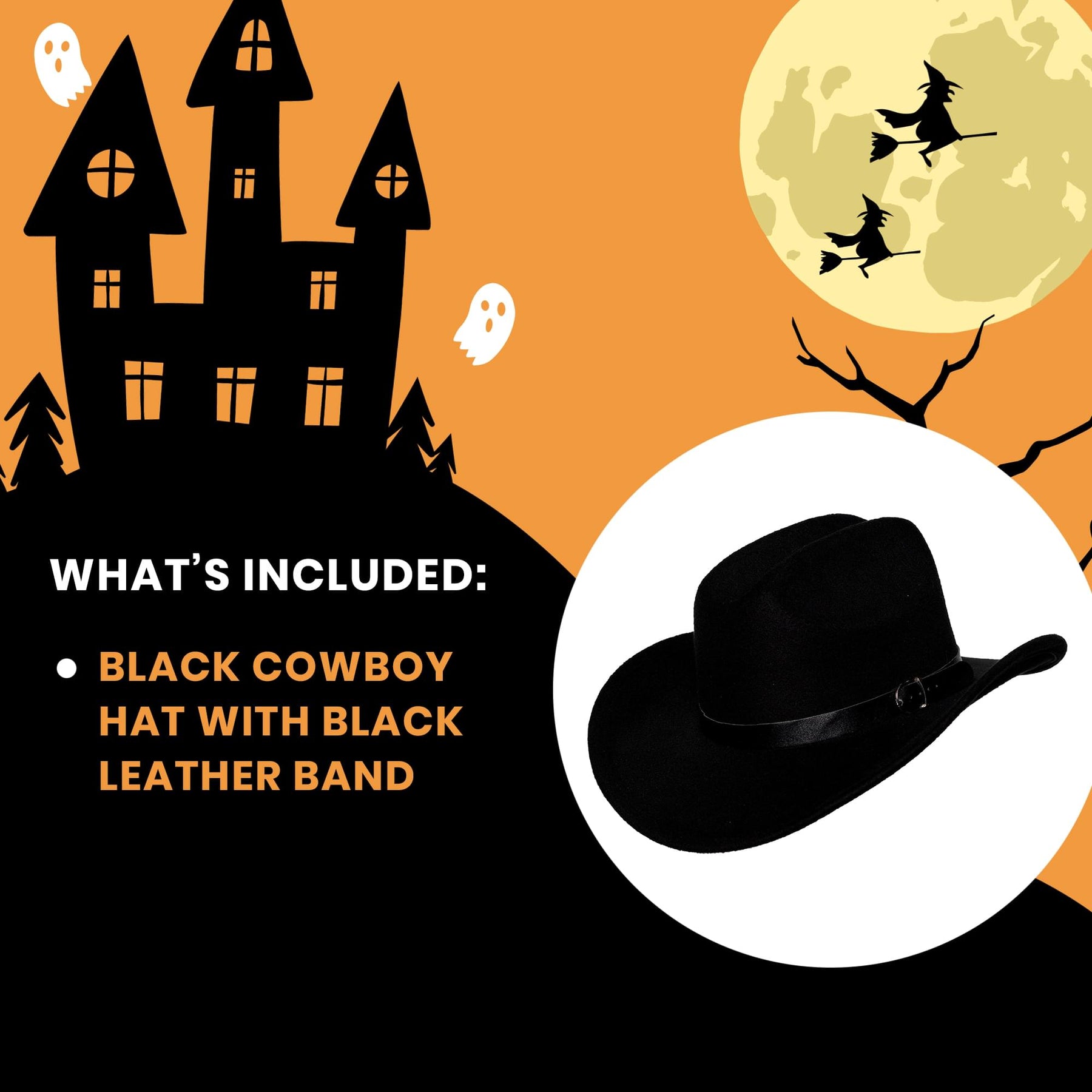 Black Cowboy Hat With Black Leather Band Adult Costume Accessory