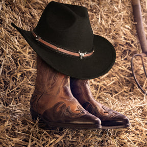 Black Cowboy Hat with Bull Head Band Adult Costume Accessory