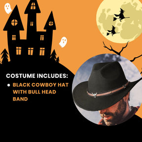 Black Cowboy Hat with Bull Head Band Adult Costume Accessory