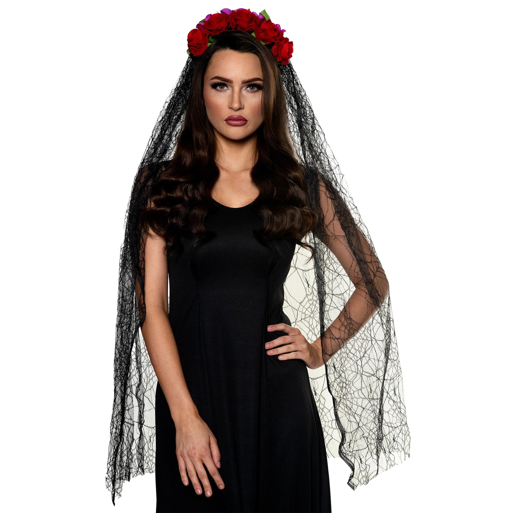 Day of the Dead Red Rose Mantilla with Attached Veil Adult Costume Accessory